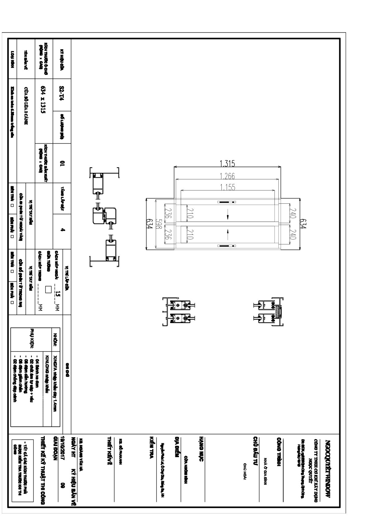 Bản vẽ kỹ thuật cửa sổ lùa nhôm kính 2 cánh kích thước 634 x 1315 mm